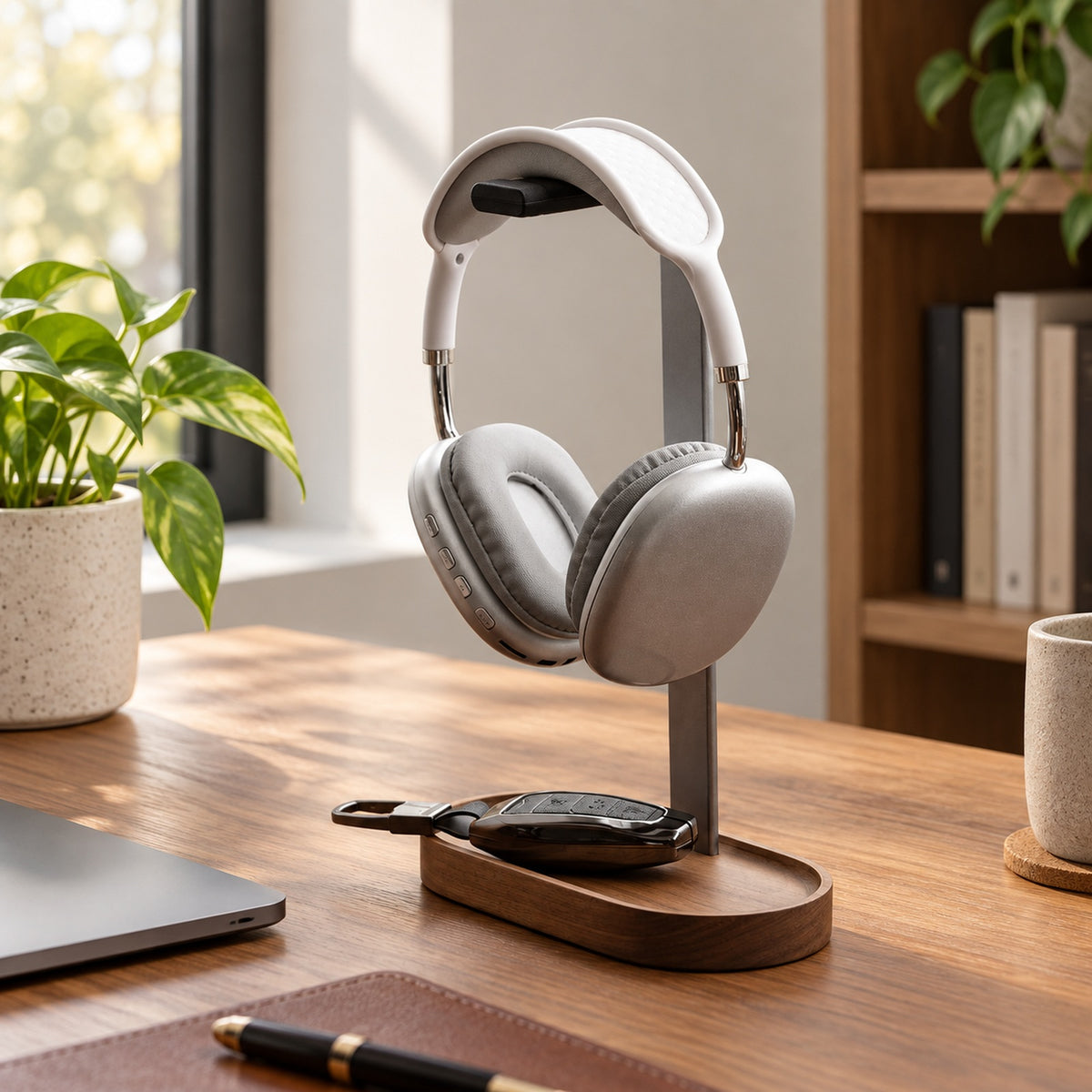 Walnut-Finish Headphone Stand with Tray Base — lifestyle